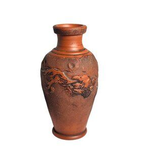 Tokonama Red Clay Dragon Motif Vase Textured Finish Intricate Dragon Carvings